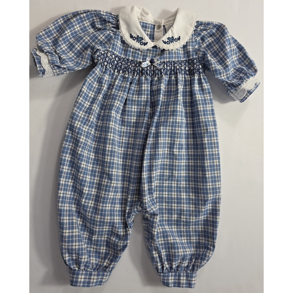 Vintage Carters Baby Romper 3-6M Blue Plaid Smocked USA Classic 80s Outfit